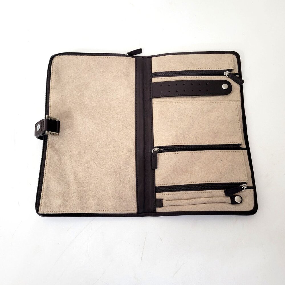 Red Envelope Brown Leather Travel Jewelry Organizer With Multiple Zippered Pocke - Picture 3 of 8